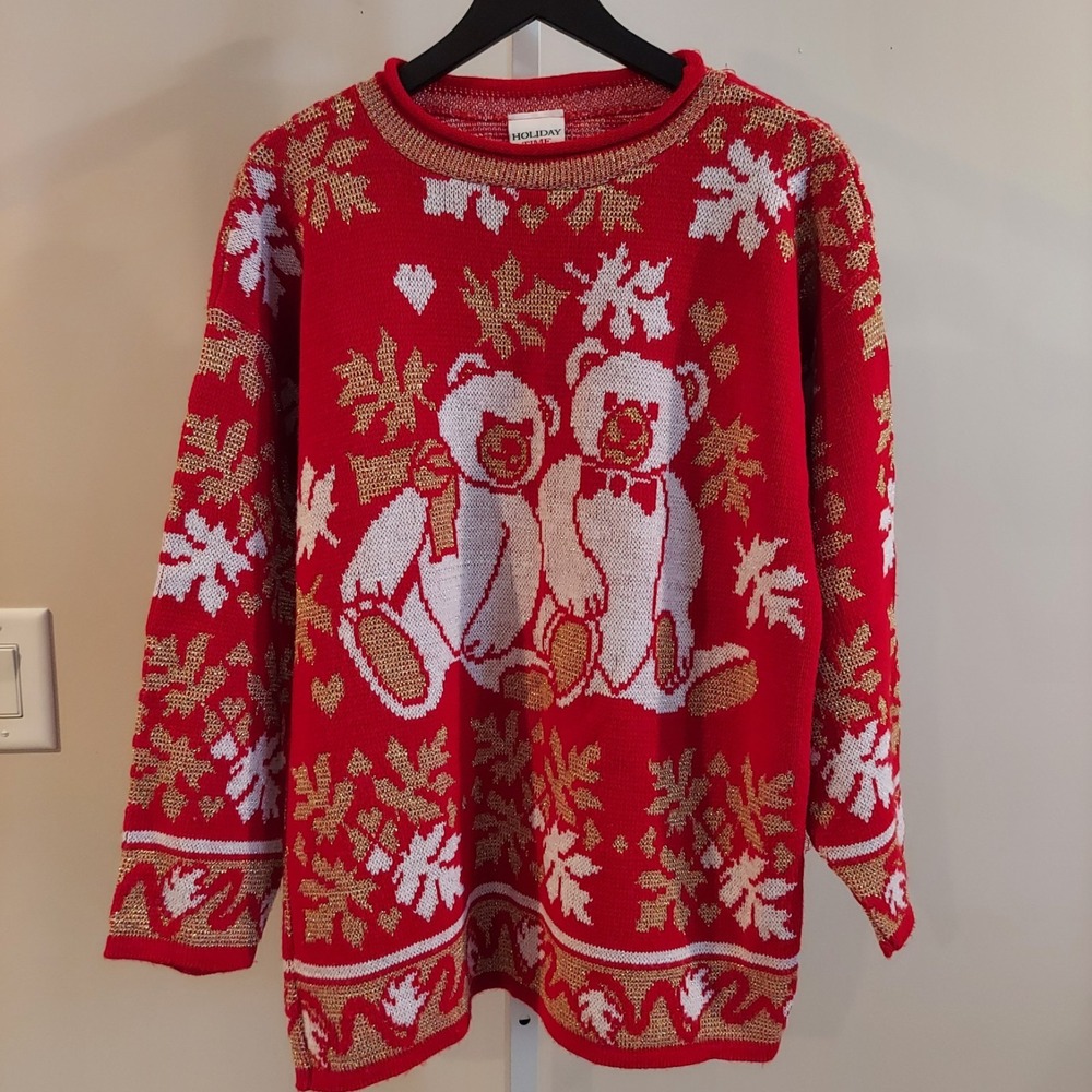 Vintage Bear Holiday Sweater Small Oversized 80s Long Length Tacky Metallic
